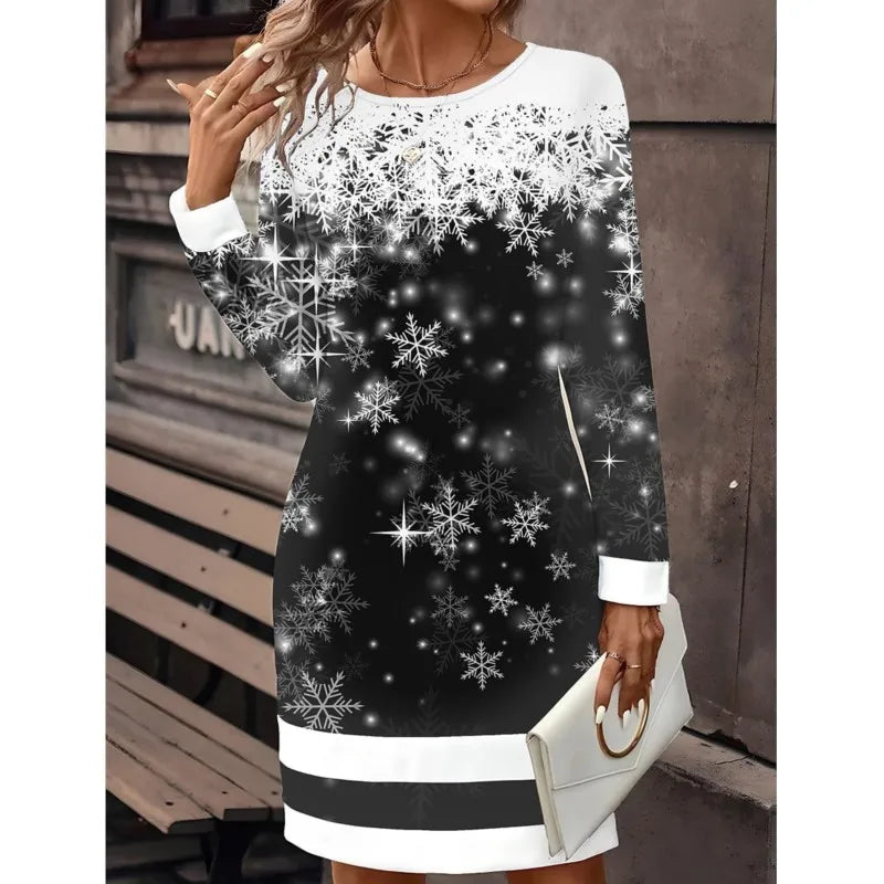 Elegant and Casual Women's Dress Black Christmas Dress Christmas Snowflake Wine Glass Print Mini Dress Long Sleeved O-Neck Dress