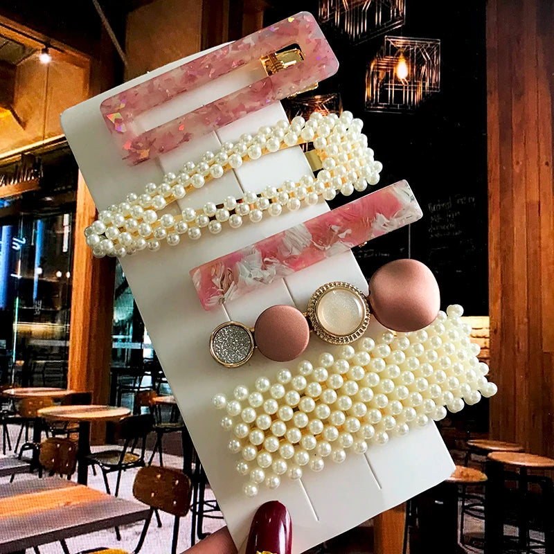 Acrylic Barrettes Headwear Pearl Hair Clip Sets for Women Fashion Geometric Hairpins Hair Accessories Headdress Girl Bobby Clip