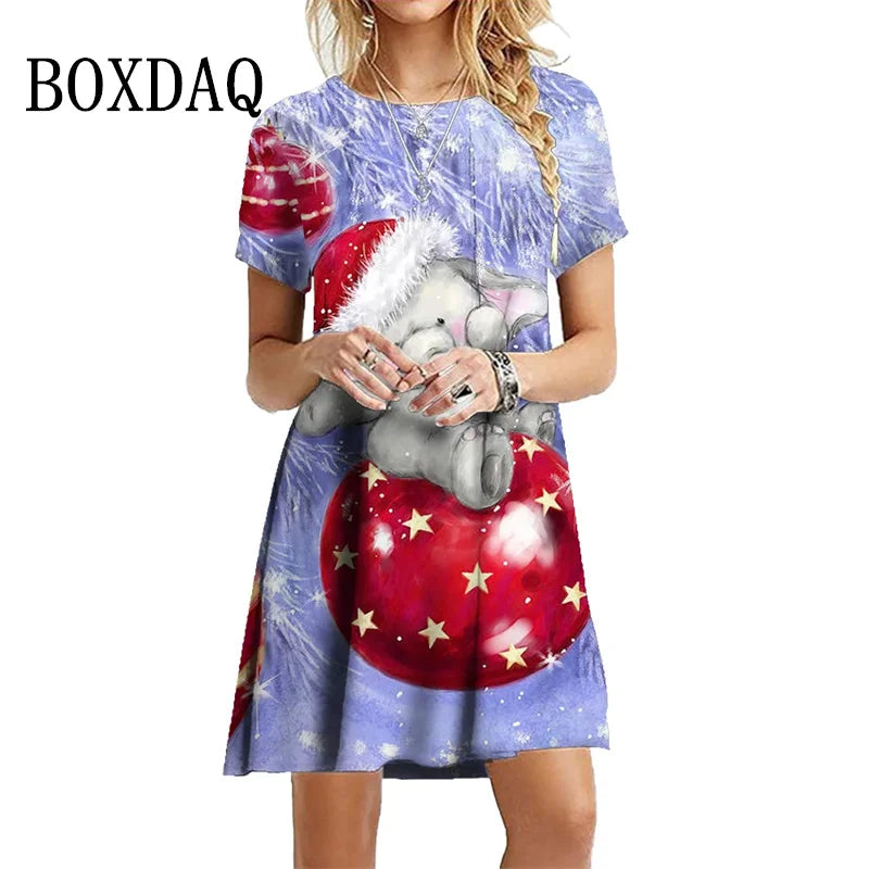 2024 Fashion Women Christmas Party Dresses Casual Cute Cartoon Santa Print Dress Loose Short Sleeve A-Line Dress