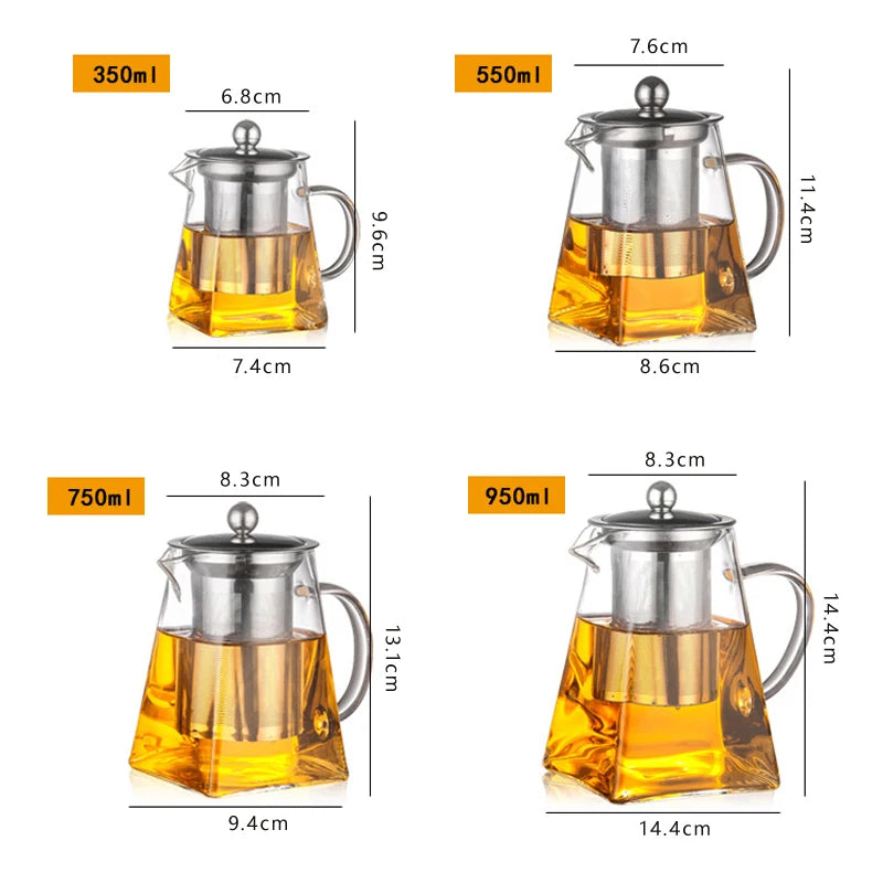 Heat Resistant Glass Teapot With Stainless Steel Infuser Heated Container Tea Pot Good Clear Kettle Square Filter Baskets