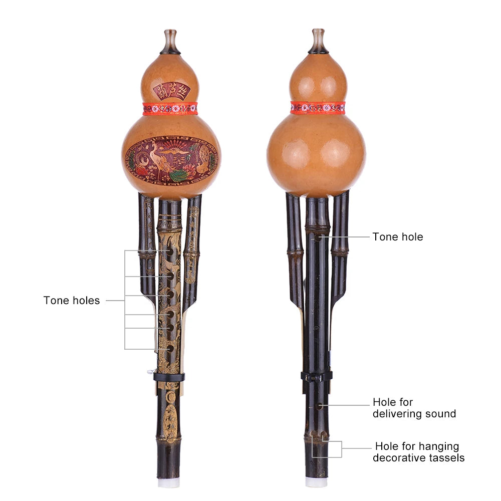 Chinese Handmade Hulusi Black Bamboo Gourd Cucurbit Flute Ethnic Musical Instrument Key of C With Case for Beginner Music Lovers