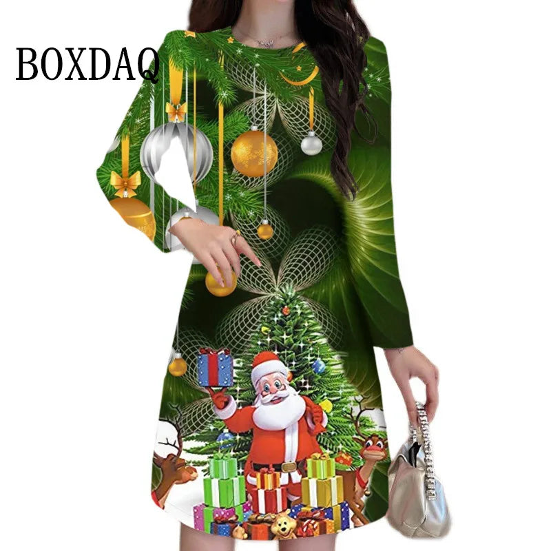 Cartoon Cute Print Women Dress Long Sleeve Santa Claus Pattern Christmas Dress Autumn Winter Casual Party Mini Dresses Plus Size