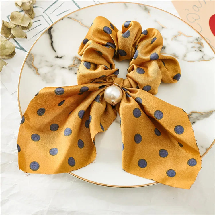 Chiffon Hair Scrunchies Women Fashion Pearl Ponytail Holder Hair Tie Hair Rope Rubber Bands Hair Accessories Bowknot Headwear