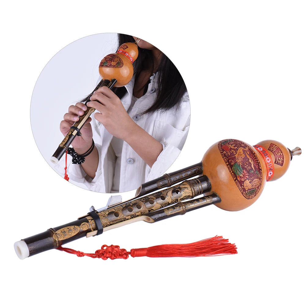 Chinese Handmade Hulusi Black Bamboo Gourd Cucurbit Flute Ethnic Musical Instrument Key of C With Case for Beginner Music Lovers