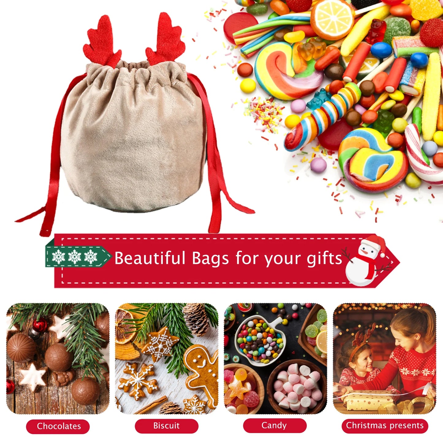 5/10Pcs Christmas Reindeer Candy Gift Bag Velvet Santa Sacks Drawstring Gift Bags Christmas Decoration Kids New Year Party Gift