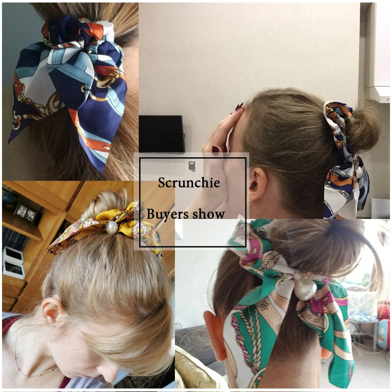 Chiffon Hair Scrunchies Women Fashion Pearl Ponytail Holder Hair Tie Hair Rope Rubber Bands Hair Accessories Bowknot Headwear
