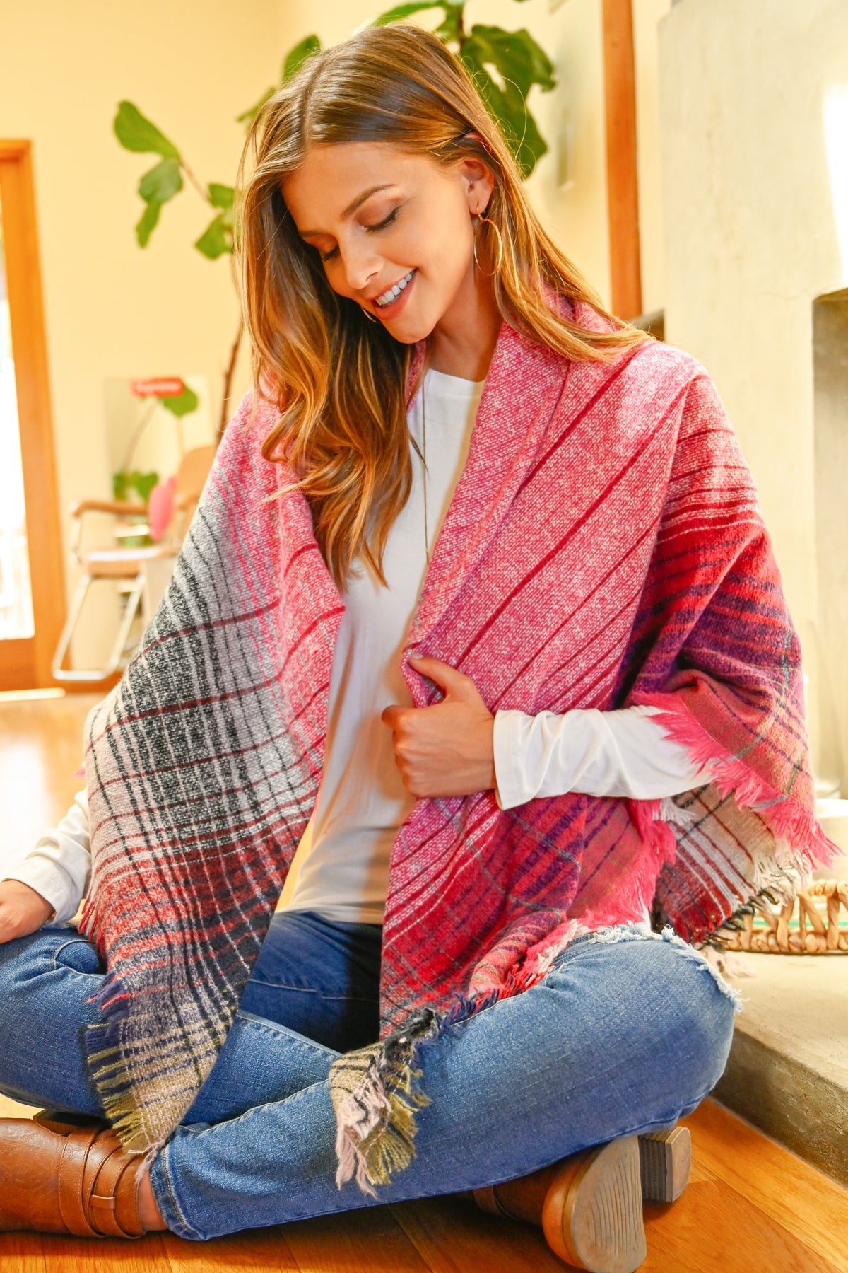 Hdf2913 - Multicolor Blanket Fringed Scarf