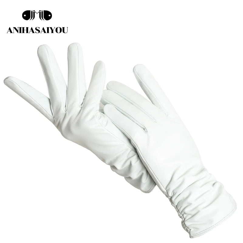 Classic Pleated Leather Gloves Women Color Real Leather Gloves Women Sheepskin Genuine Leather Winter Gloves Women-2081