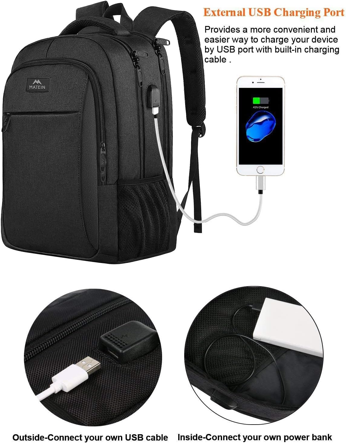 MATEIN Business Laptop Backpack, 15.6 Inch Travel Laptop Bag Rucksack with USB Charging Port, Water-Resistant Bag Daypack for Work Anti-Theft College Computer Men Women Backpack, Black