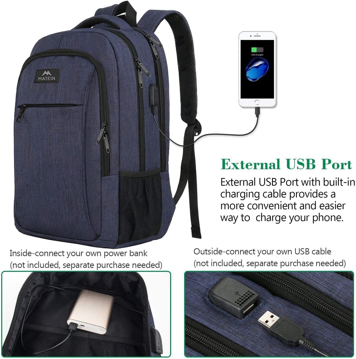 Laptop Backpack with USB Charging Port,Slim Travel Backpack with Laptop Compartment for Men and Women,Water Resistant College School BookBag Computer Bag for Girls and Boys Fits 15.6 In Laptop, Blue