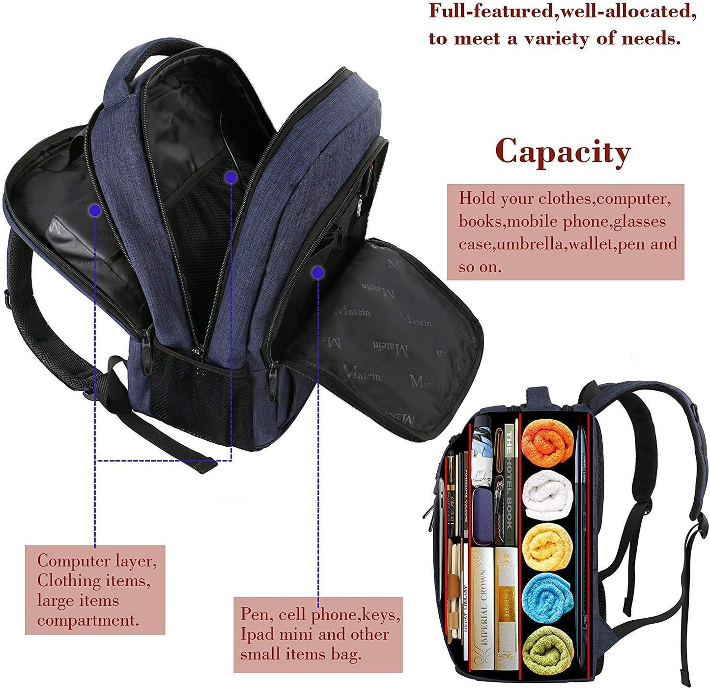 Laptop Backpack with USB Charging Port,Slim Travel Backpack with Laptop Compartment for Men and Women,Water Resistant College School BookBag Computer Bag for Girls and Boys Fits 15.6 In Laptop, Blue