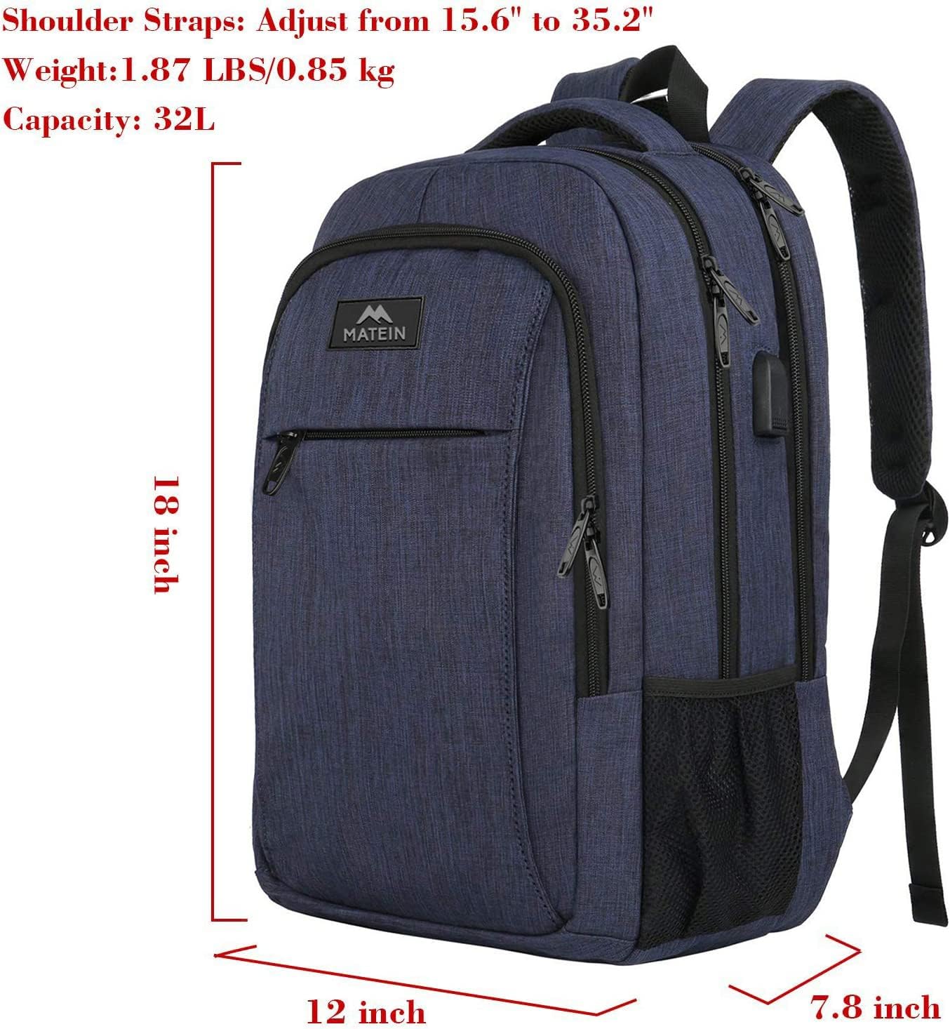 Laptop Backpack with USB Charging Port,Slim Travel Backpack with Laptop Compartment for Men and Women,Water Resistant College School BookBag Computer Bag for Girls and Boys Fits 15.6 In Laptop, Blue