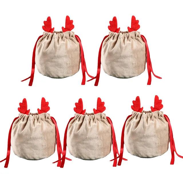 5/10Pcs Christmas Reindeer Candy Gift Bag Velvet Santa Sacks Drawstring Gift Bags Christmas Decoration Kids New Year Party Gift