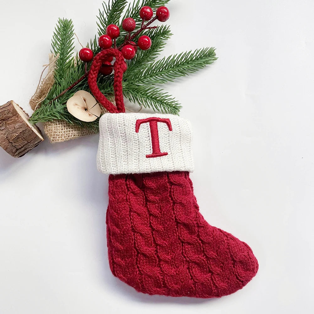 Christmas Socks Snowflake Alphabet Letters Christmas Knitting Stocking Christmas Tree Pendant Decoration for Home Xmas Gift 2024