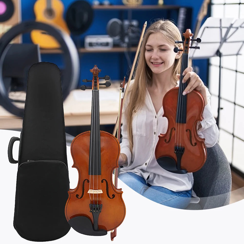 Violin Fiddle Set With Case Bow Extra Strings Rosin Tuner 4/4 Full Size Solid Wood Violin Set for Beginners Kids & Adults