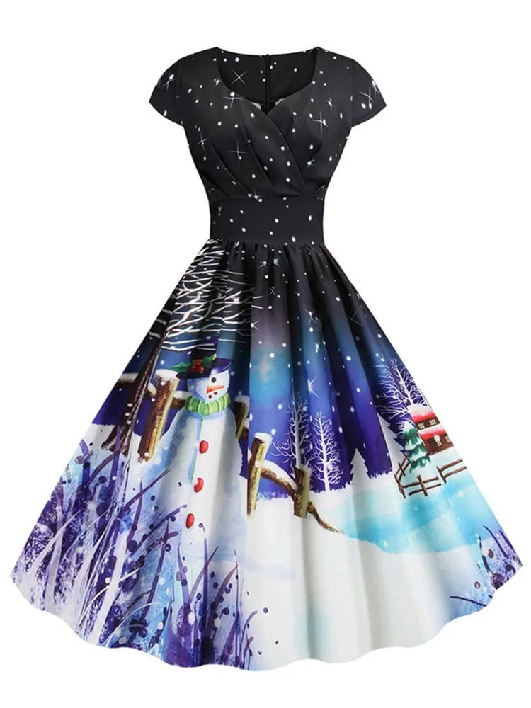 White Print Vintage Christmas Dress Women Winter Big Swing Elegant Short Sleeve v Neck Sexy New Year Party Sundress