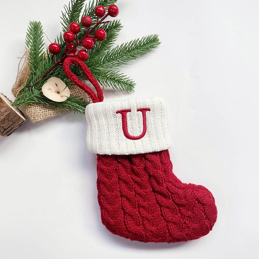Christmas Socks Snowflake Alphabet Letters Christmas Knitting Stocking Christmas Tree Pendant Decoration for Home Xmas Gift 2024