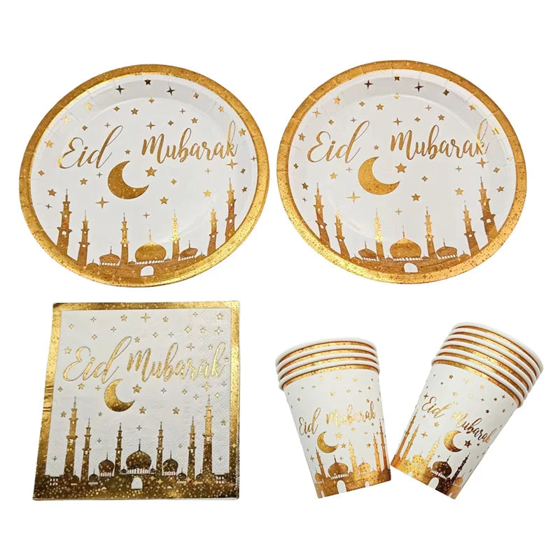 Eid Mubarak Black Gold Disposable Paper Plates Cups Napkins Ramadan Kareem Islamic Muslim Eid Al Adha Party Decor Supplies