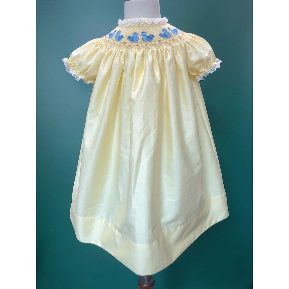 Girls Smocked Dress Handmade Bird Embroidered Yellow Cotton Puff Sleeves Princess Vintage Eid Clothing