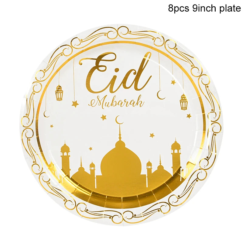 Eid Mubarak Disposable Tableware Gold Plate Cup Banner Gift Bags Islamic Muslim Party Supplies 2024 Ramadan Kareem Decorations
