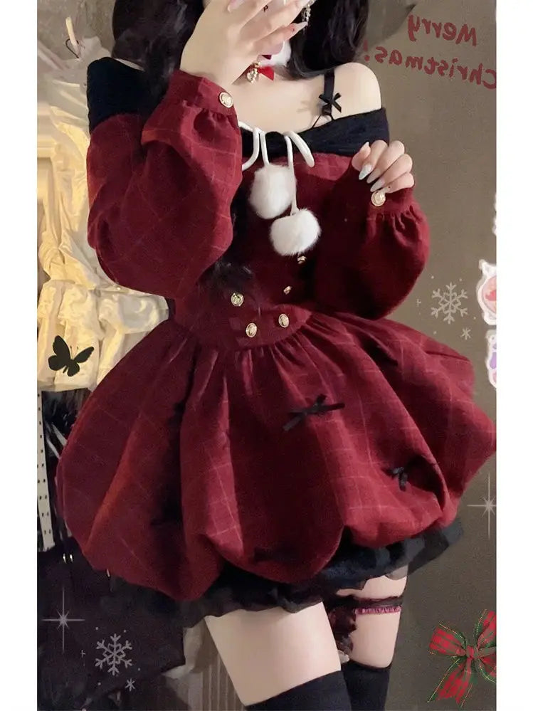 2025 Christmas Red Sweet Y2k Patchwork Women's Party Dress Slash Neck Long Sleeve Autumn Winter Ball Gown Dresses for Holiday
