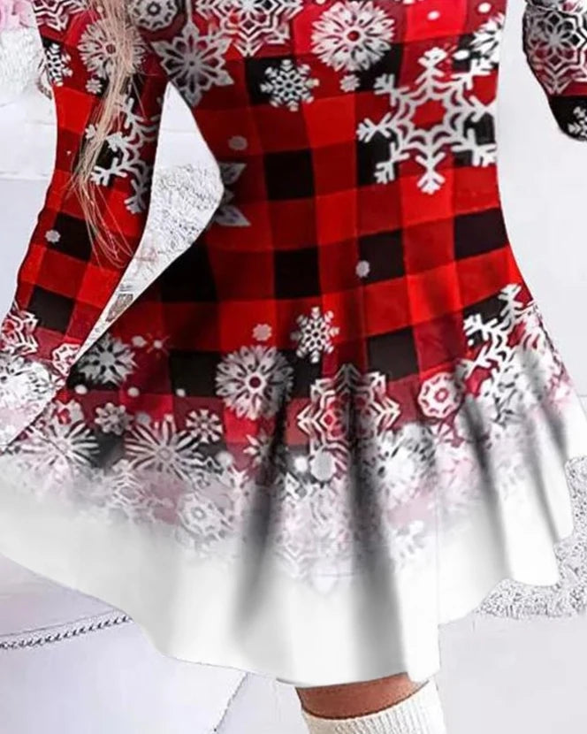 Womens Dresses 2023 Spring Fashion Christmas Snowflake Plaid Print Casual O-Neck Long Sleeve Mini a Line Christmas Dress