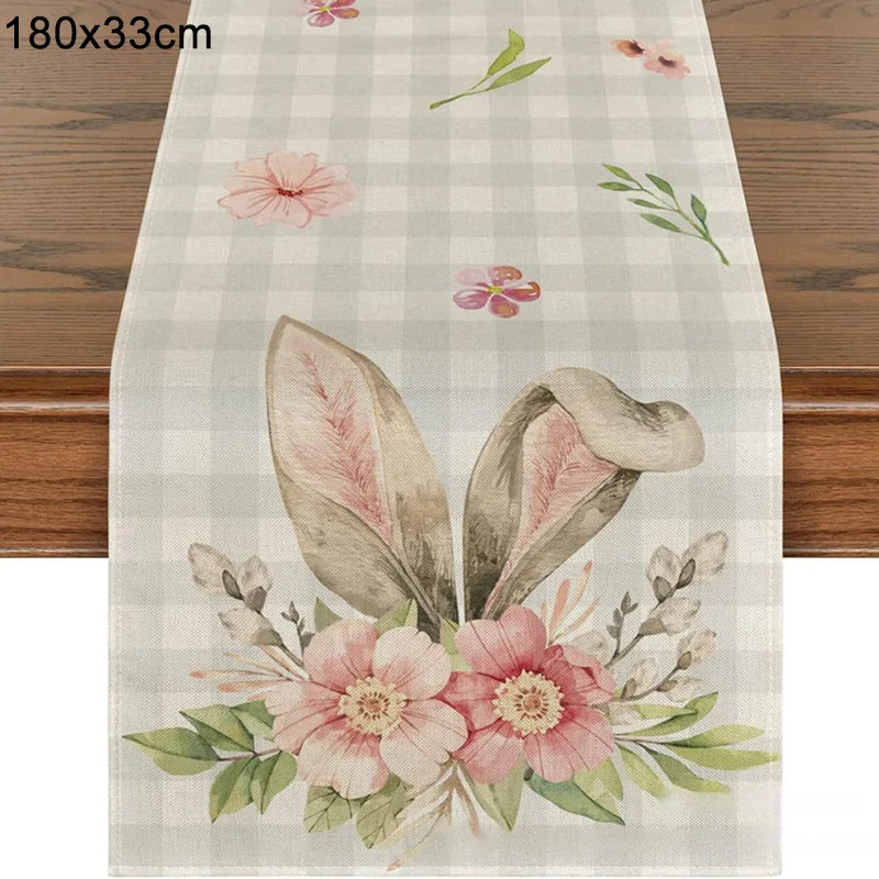 Linen Easter Table Runner Cute Bunny Dining Table Cloth 2024 Spring Holiday Happy Easter Decoration for Home Party Supplies Gift