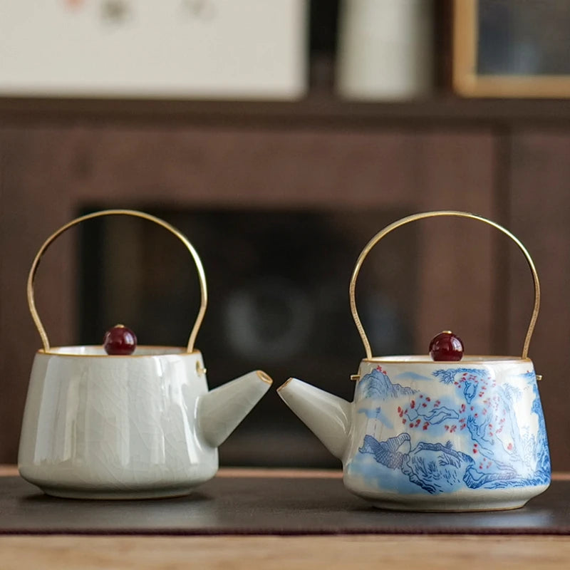Ru Kiln Simple Lifting Beam Pot Ceramic Kung Fu Tea Set Home Brewing Teapot Office Single Pot Tea Brewer Open Slice