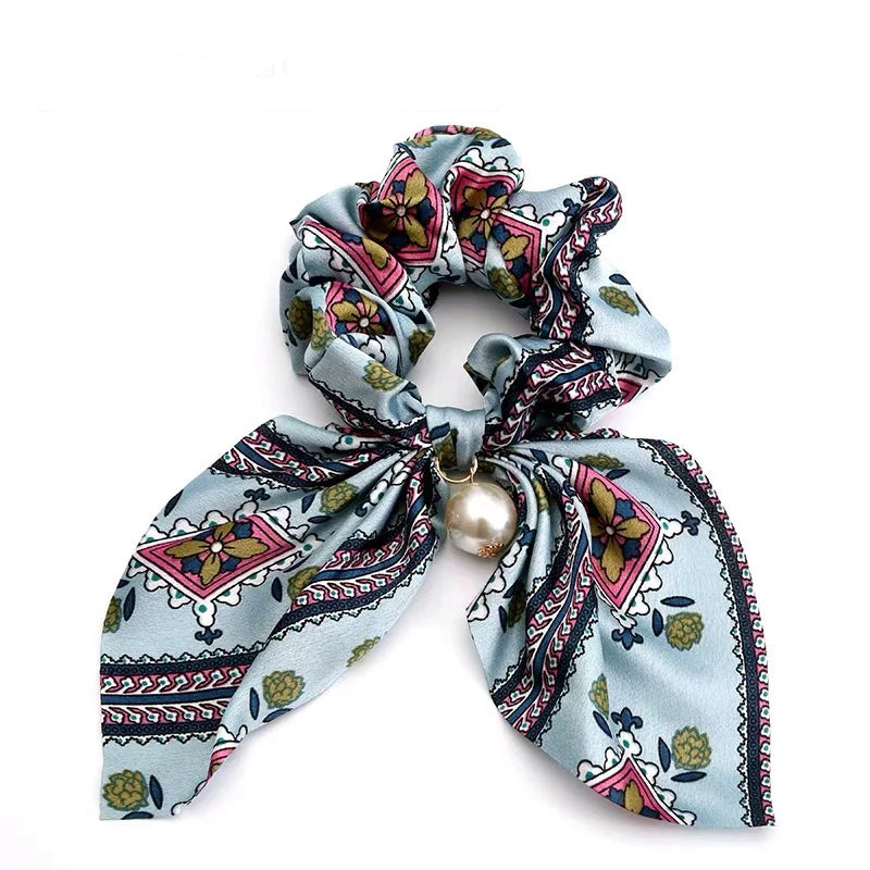 Fashion Bowknot Ponytail Holder Elastic Hair Bands for Girls Flower Printing Hair Accessories Women Hairband Ribbon Headwear