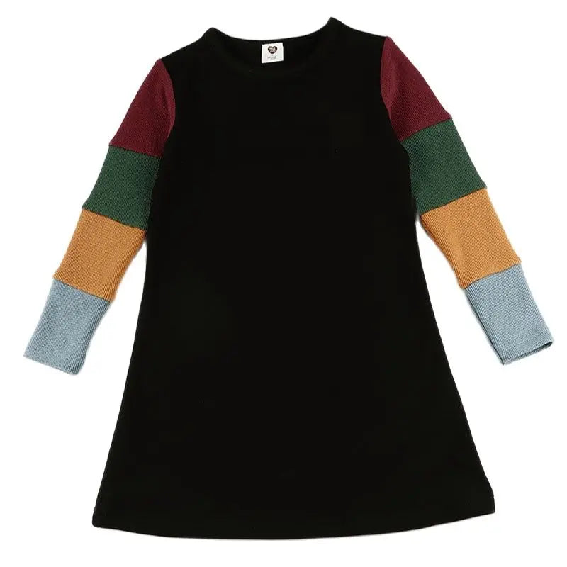 3t-12t Girls Dresses Fall Long Sleeve Clothes Children Color Block Casual T-Shirt Dresses Fashion Cotton Ribbed Knit Midi Dress