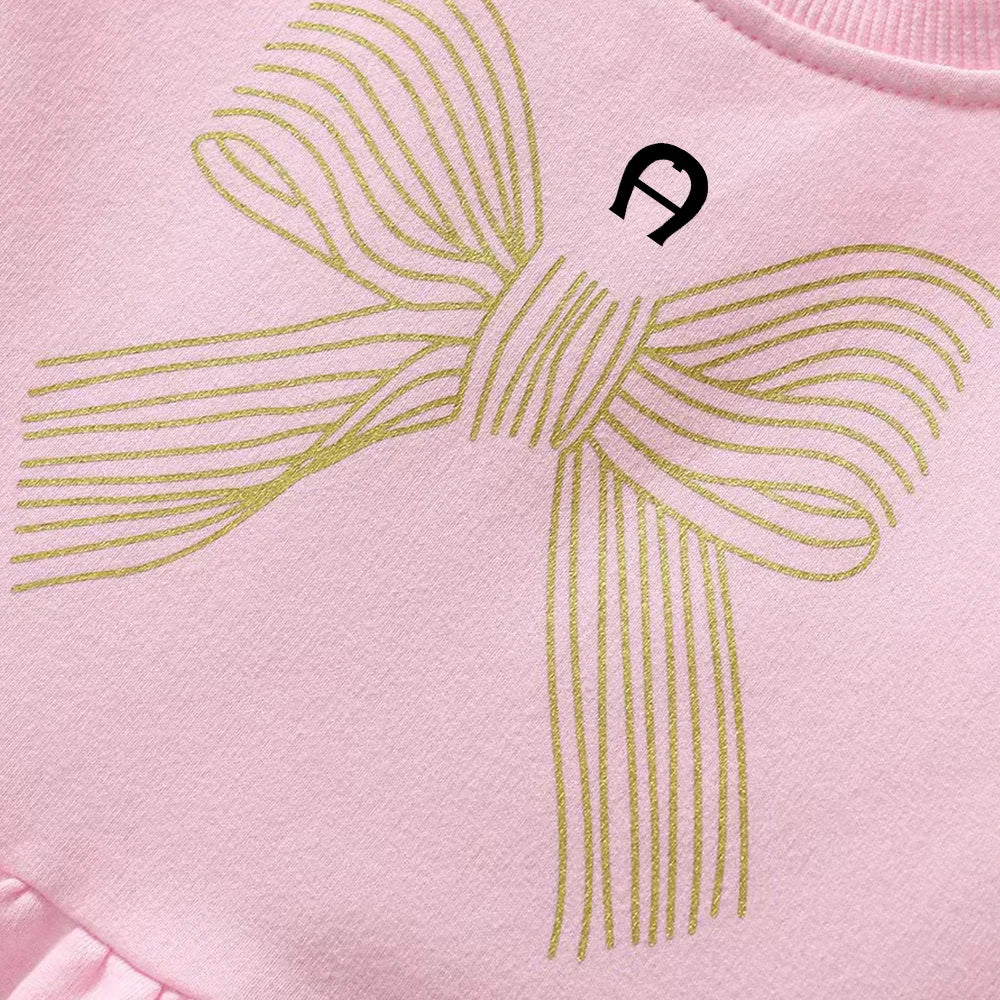 Sweet Beauty Baby Clothing Autumn New Bow Print Dress Pure Cotton Round Neck Long Sleeved Pink Girls' Casual Dress