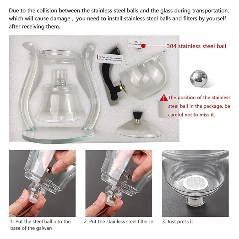 Lazy Kungfu Glass Tea Set, Magnetic Wooden Handle Tea Pot Set, Semi Automatic Drip Rotating With Infuser Glass Teapot Set