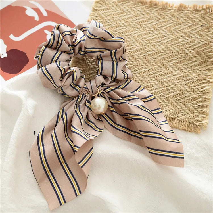 Chiffon Hair Scrunchies Women Fashion Pearl Ponytail Holder Hair Tie Hair Rope Rubber Bands Hair Accessories Bowknot Headwear