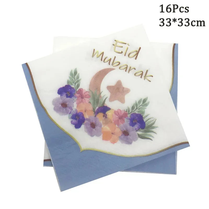 Hot Stamping Eid Mubarak Disposable Paper Plate Cup Napkin Islamic Muslim Eid Al Adha Home Party Decor Ramadan Kareem Supplies