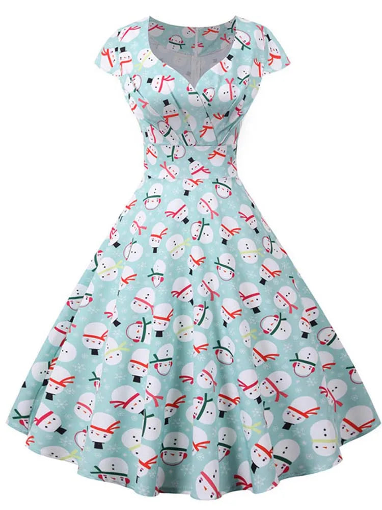 White Print Vintage Christmas Dress Women Winter Big Swing Elegant Short Sleeve v Neck Sexy New Year Party Sundress