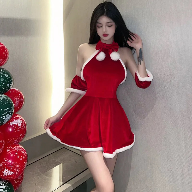 Christmas Sexy Dress Red Lace-Ups Slim Winter Sexy Slim Cute Red Dresses Patchwork Bow Christmas Sweet Dress
