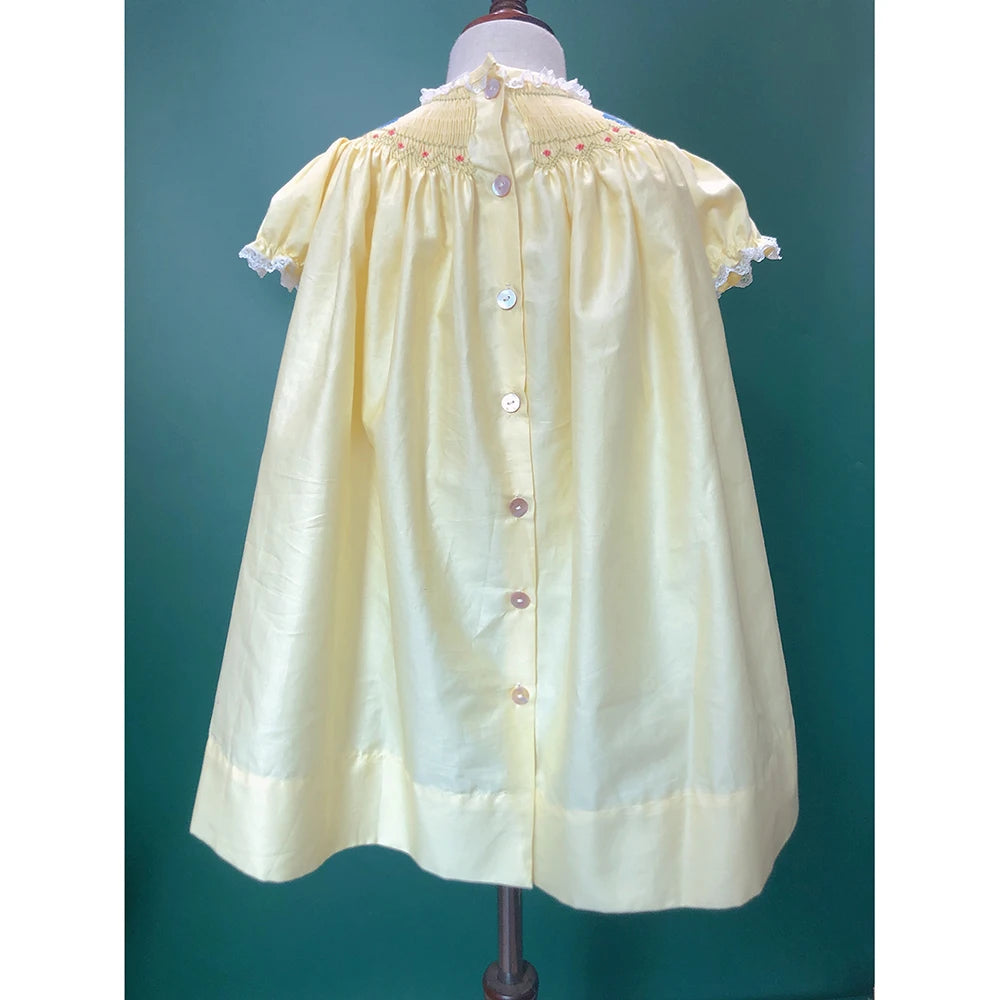 Girls Smocked Dress Handmade Bird Embroidered Yellow Cotton Puff Sleeves Princess Vintage Eid Clothing