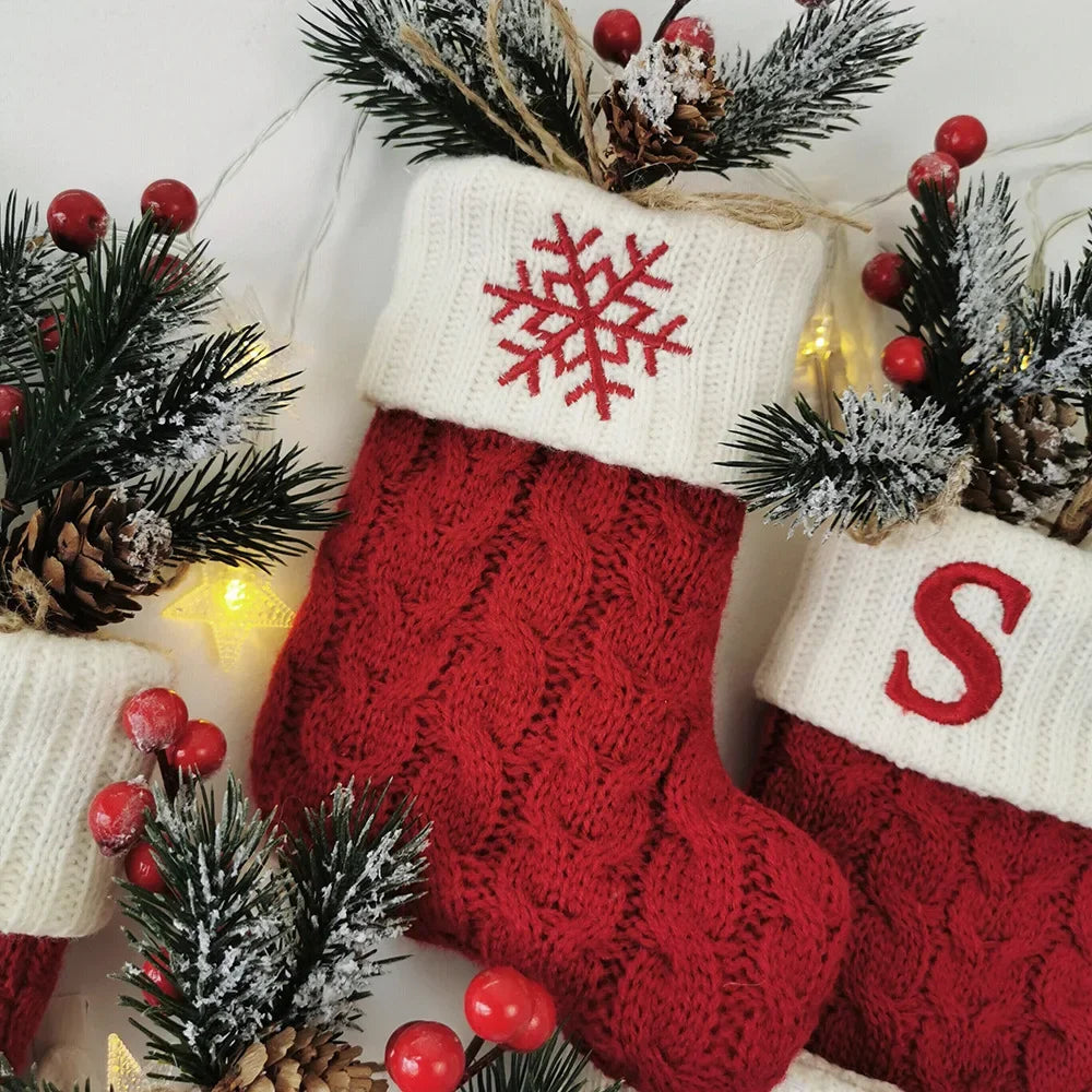 Merry Christmas Socks Red Snowflake Alphabet Letters Christmas Stocking Christmas Tree Pendant Decorations for Home Xmas Gift