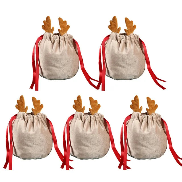 5/10Pcs Christmas Reindeer Candy Gift Bag Velvet Santa Sacks Drawstring Gift Bags Christmas Decoration Kids New Year Party Gift