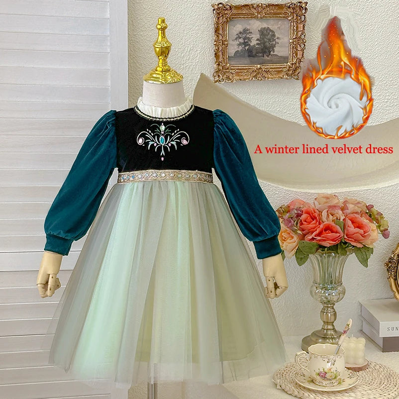 Girls' Autumn/Winter 2024 New Velvet Dress Children Halloween Cosplay Birthday Party Elegant Girl Anna Frozen Queen Green Dress