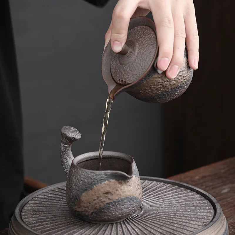 Gilding Iron Glaze Stone Pattern Pot Japanese Retro Ceramic Kung Fu Teapot Stoneware Tureen Pu'er Tea Making Device Tea Kettle