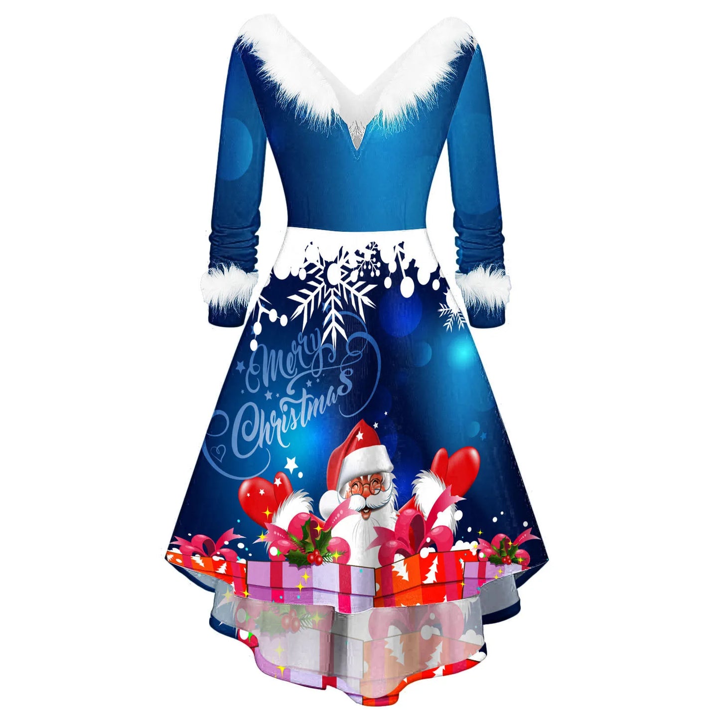 Christmas Party Long Dress Women Sexy V-Neck Red Swing Dress Winter White Plush Trim Pleated Asymmetric Midi Dress Santa Costume