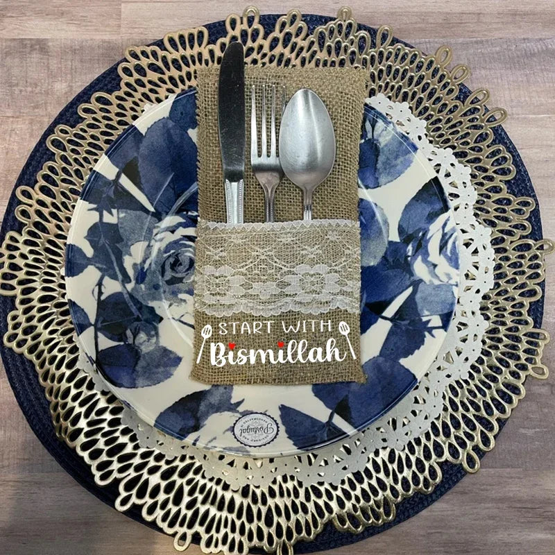 5pcs Start With Bismillah Cutlery Holder Eid Mubarak Muslim Islamic Ramadan Kareem Iftar Dinner Table Housewarming Decoration