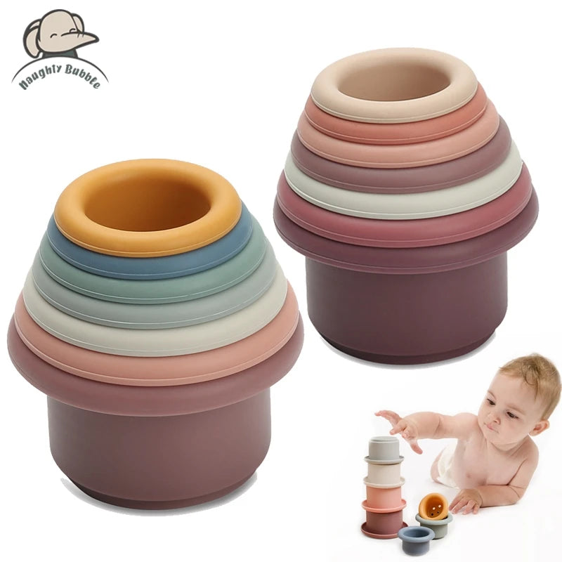 1Set Silicone Stacking Cups Montessori Toys for Kids Stacker Blocks Early Educational Toys Baby Bath Toys Ins Style Bathtub Toy