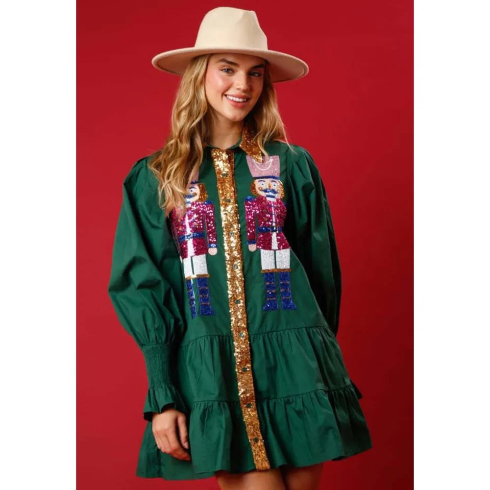Sequin Christmas Women's Shirt Dress Outfit Holiday Nutcracker Tiered Dress Sweatshirt Dress Long Sleeve Tiered Mini Sundress