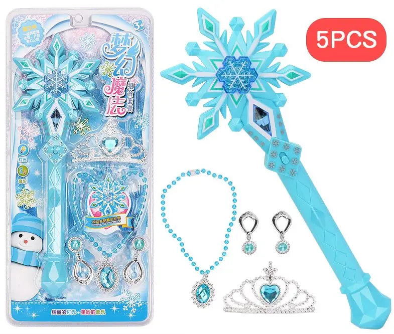 Disney Girls Frozen Snowflake Princess Elsa Music Magic Wand Ring Crown Box Set Makeup Toys Birthday Christmas Gift