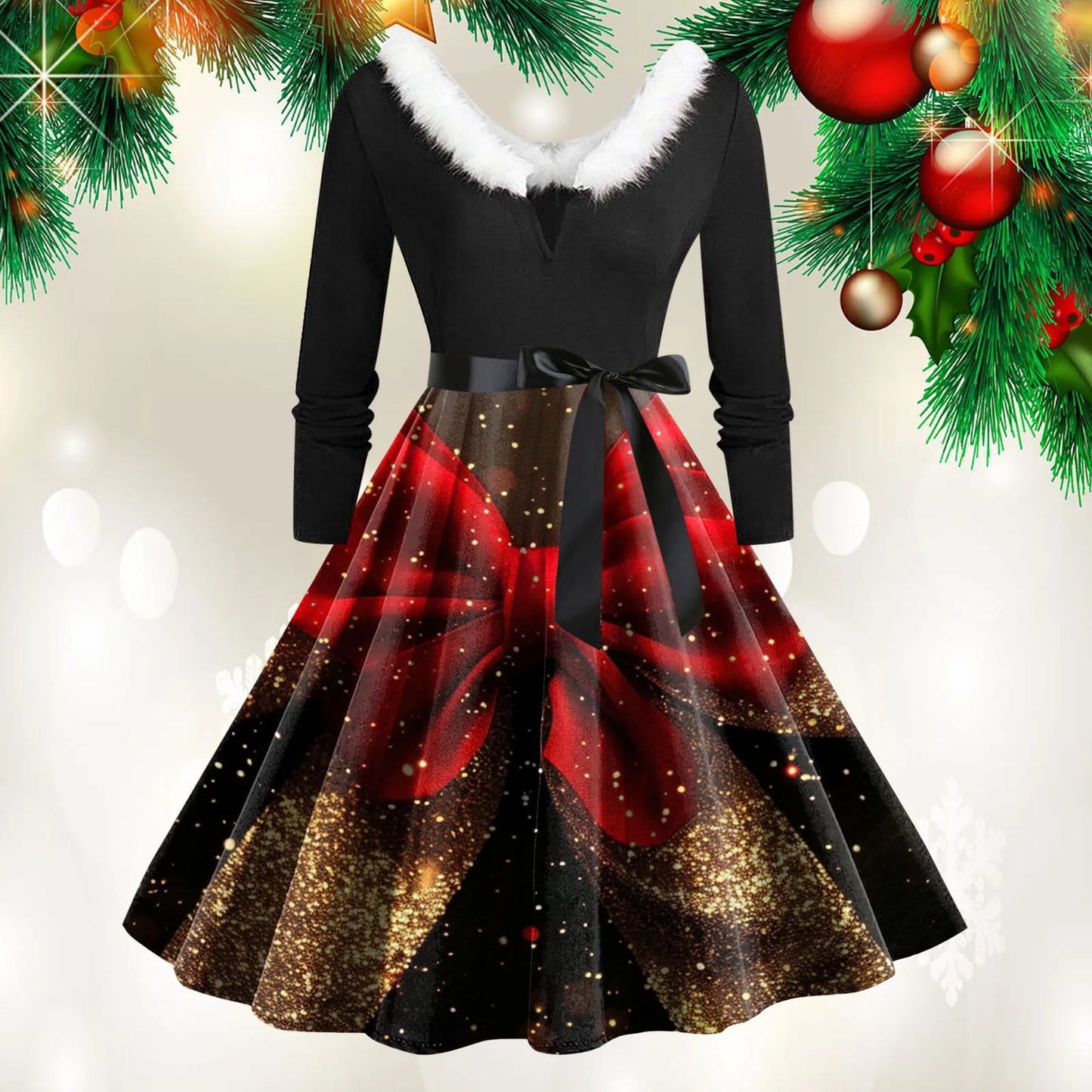 Christmas Print Vintage Dress Women Swing Robe Pinup Fur Collar Long Sleeve Party Dresses Autumn Winter A-Line Robes Vestido