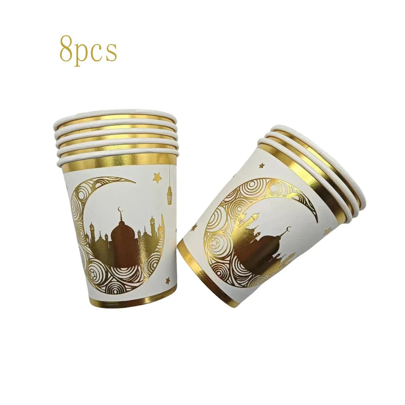 Hot Stamping Eid Mubarak Disposable Paper Plate Cup Napkin Islamic Muslim Eid Al Adha Home Party Decor Ramadan Kareem Supplies