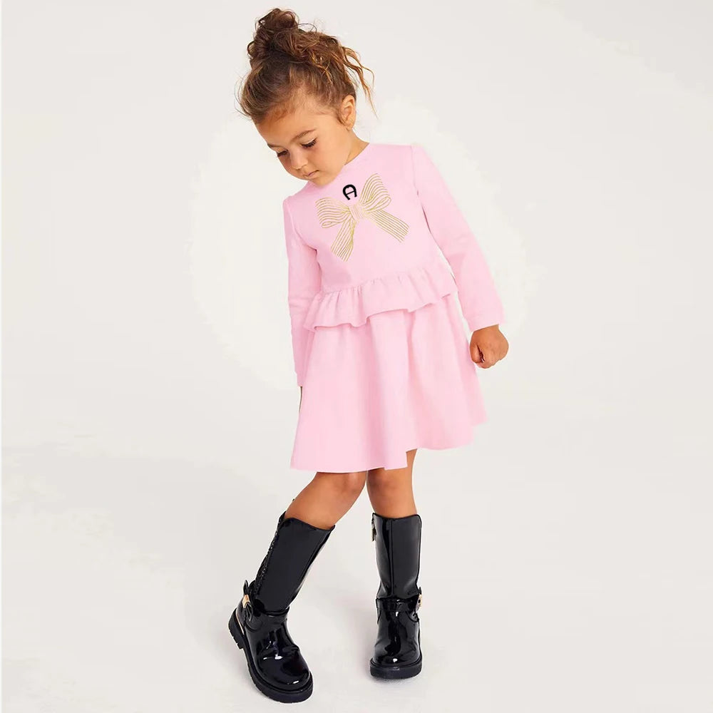 Sweet Beauty Baby Clothing Autumn New Bow Print Dress Pure Cotton Round Neck Long Sleeved Pink Girls' Casual Dress