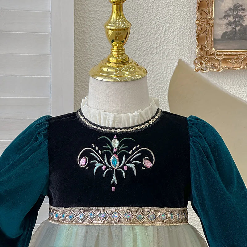Girls' Autumn/Winter 2024 New Velvet Dress Children Halloween Cosplay Birthday Party Elegant Girl Anna Frozen Queen Green Dress